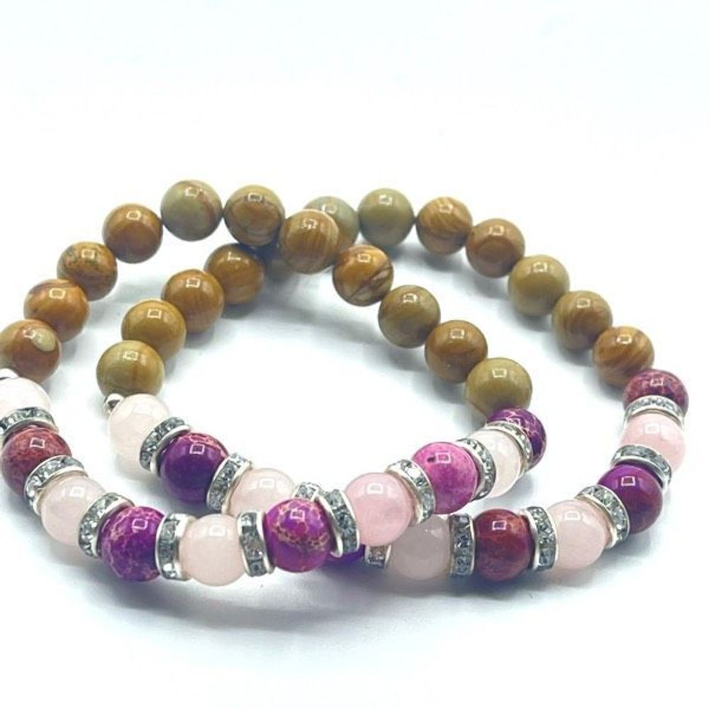 Rose quartz rose imperial jasper wood grain beaded stretch bracelet ONE NEW crys